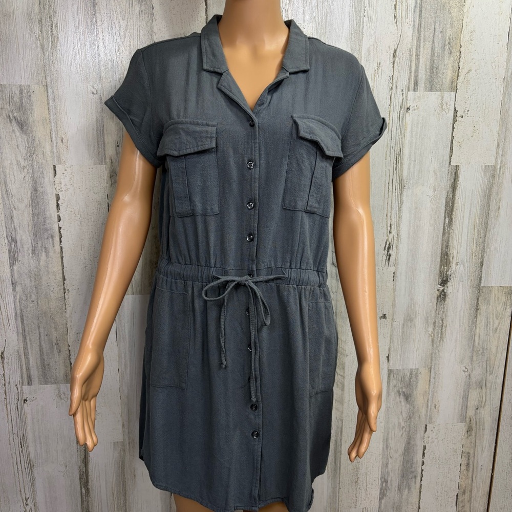 Anthropologie Thread & Supply Gray Utility Button-Up Linen Blend Shirt Dress